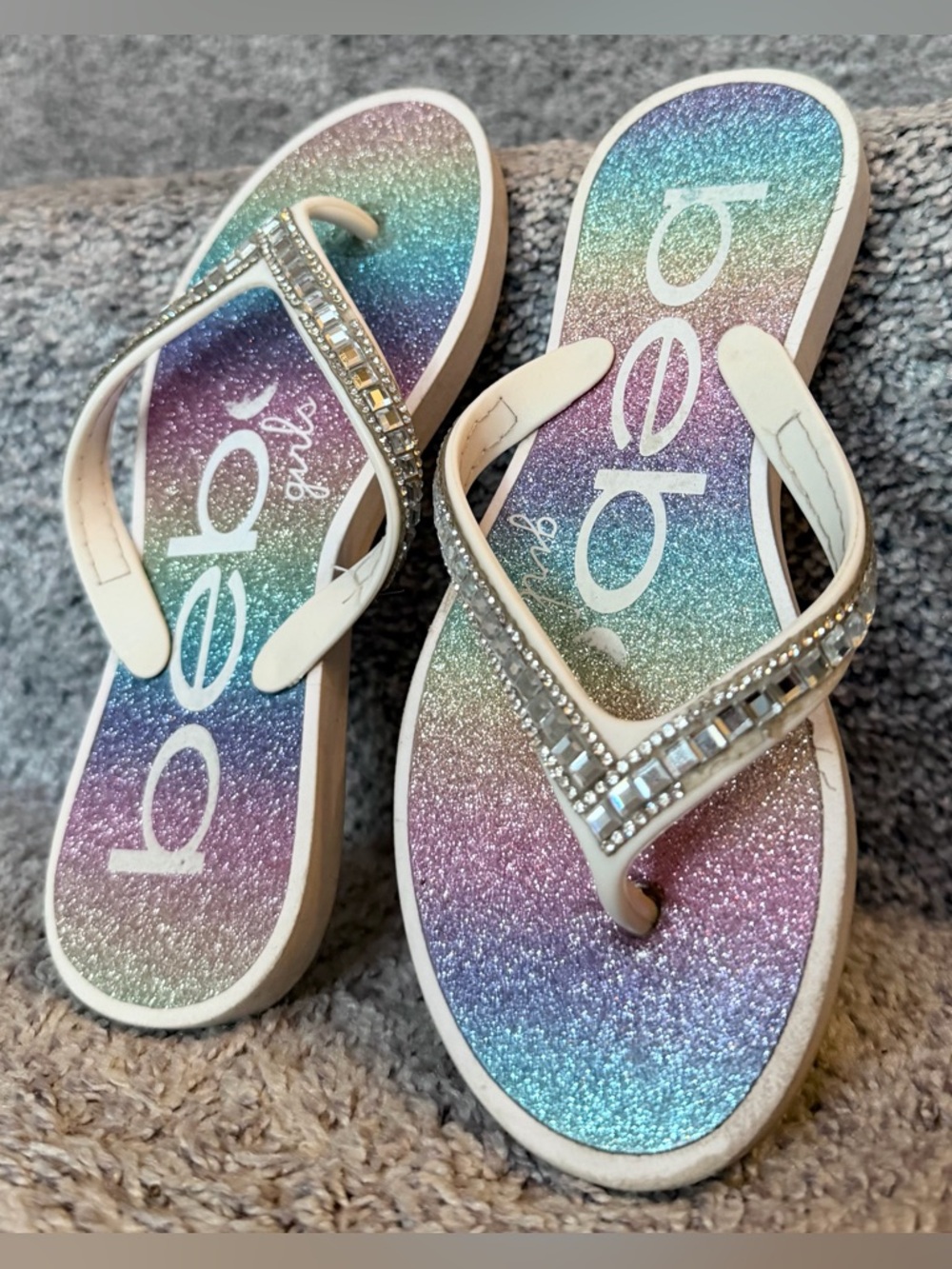 (Size 2/3) Rainbow Rhinestone Flip-Flops, by Bebe